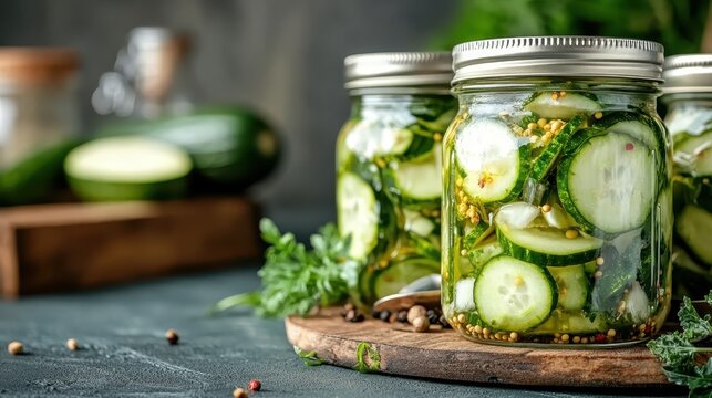 This captivating image features rustic jars of pickled cucumbers displayed artistically on a wooden board, emphasizing the art of home canning and the beauty of preserved foods.