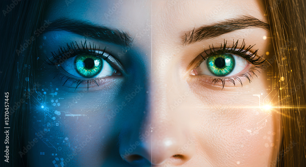 Poster woman with digital eyes. futuristic vision, biometrics scan concept for secure access. abstract tech