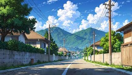 Fototapeta premium A charming Japanese village street with traditional houses and lush green mountain view, anime style
