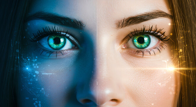Woman with digital eyes. Futuristic vision, biometrics scan concept for secure access. Abstract technology background for science fiction, augmented reality project design.