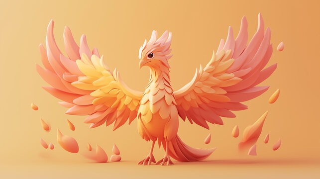 A majestic stylized 3D phoenix with fiery pastel feathers and outstretched wings rising in a warm fantasy scene. A mythical character diorama evoking rebirth, power, and legendary creature lore.
