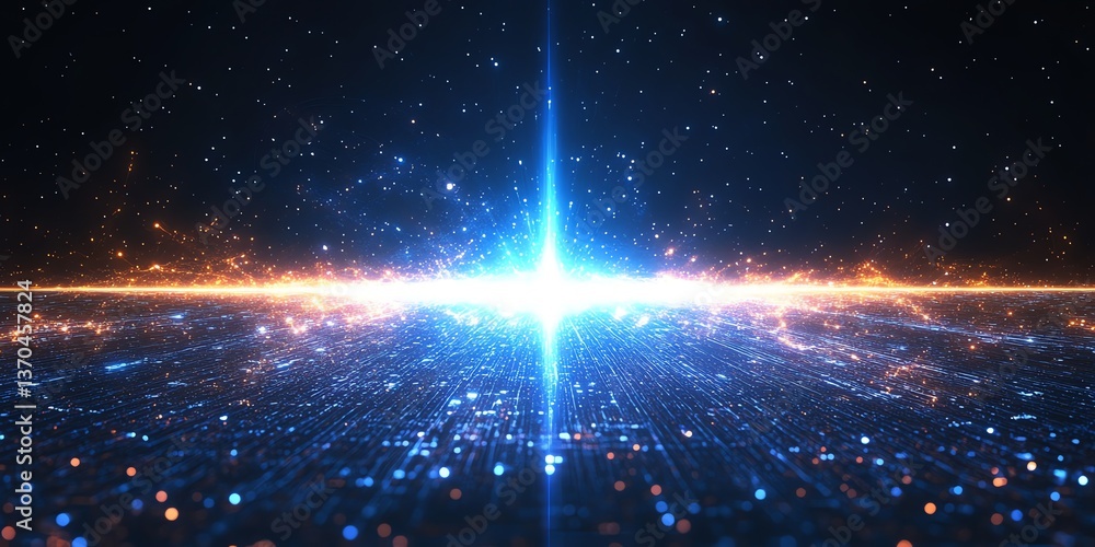 Aufkleber abstract light source on digital grid with glowing sparks and stars