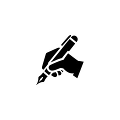 An icon illustrating a hand gripping a pen, write symbol styled as a silhouette vector on a white background.  