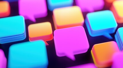 Obraz premium A vibrant arrangement of colorful chat bubbles, showcasing shades of pink, blue, and purple, creating a lively digital communication theme.