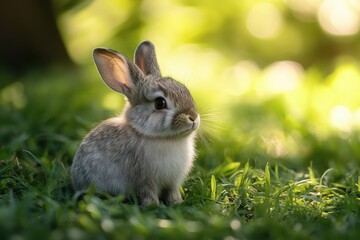 Fototapeta premium Small rabbit sits quietly in lush green grass during a sunny afternoon in a garden