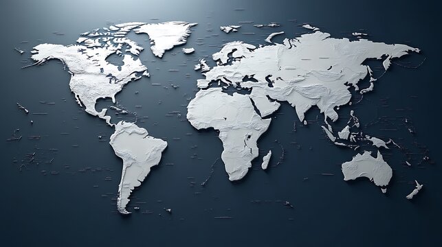 A three dimensional embossed world map showing continents and oceans