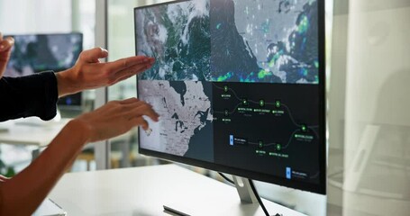 Hands, people and computer screen with weather report, map and climate change expert. Closeup, coworking and employees in workplace, pc and research for meteorology, warning or update for tornado