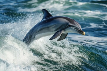 Naklejka premium Dolphin leaps gracefully over wild ocean waves in a vibrant display of agility near the coast during midday sunshine