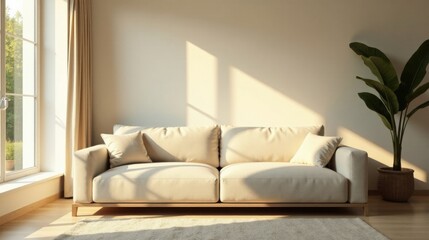 Sunlight Illuminates a Calm and Serene Living Room Featuring a Neutral-Toned Sofa with Plush Cushions, a Woven Plant Basket, and a Soft Area Rug