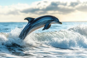 Fototapeta premium Dolphin jumping above ocean waves during sunset in a serene coastal environment