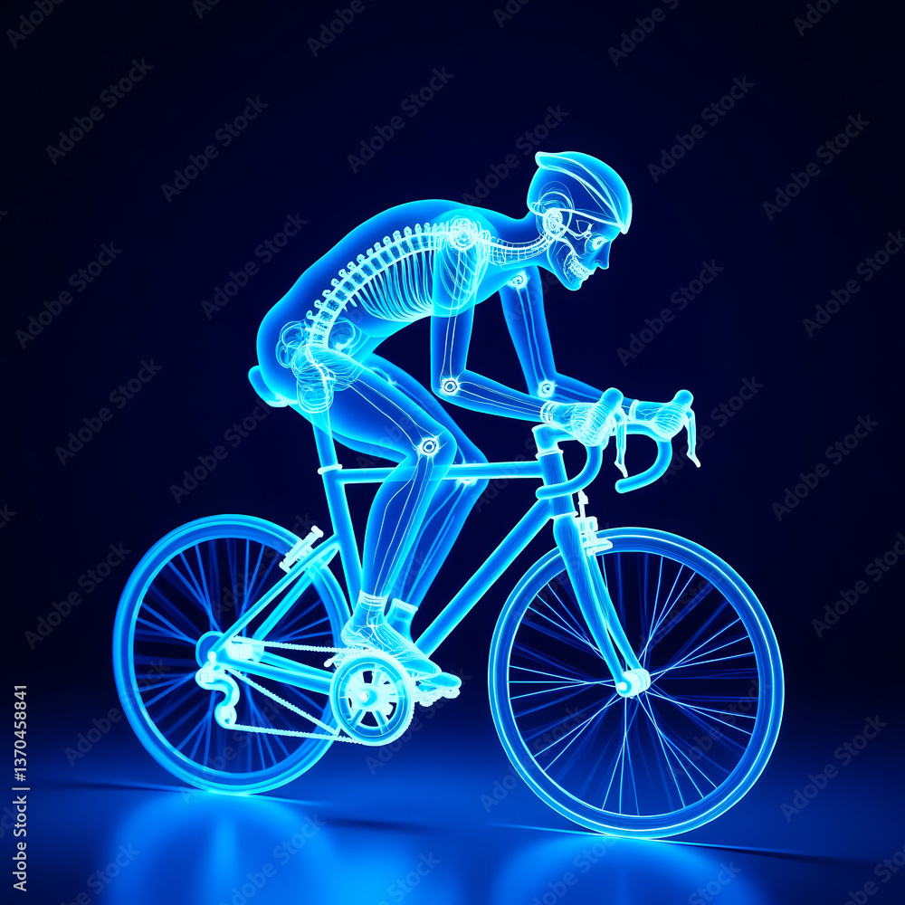 Poster digital rendering of a cyclist's skeleton in motion