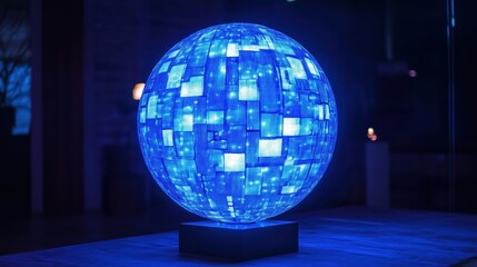 Obraz premium A radiant blue sphere glows softly, its surface adorned with crisp white squares, resembling a futuristic illuminated globe.