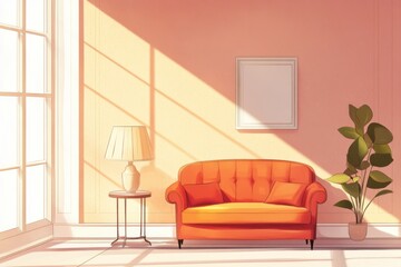 Fototapeta premium Minimalistic vintage interior design with orange sofa and sunlit ambiance