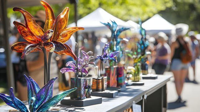 Colorful glass flowers at outdoor arts and crafts fair - Powered by Adobe