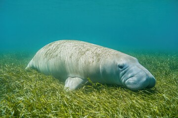 Manatee gliding through seagrass in a clear underwater environment during daylight hours