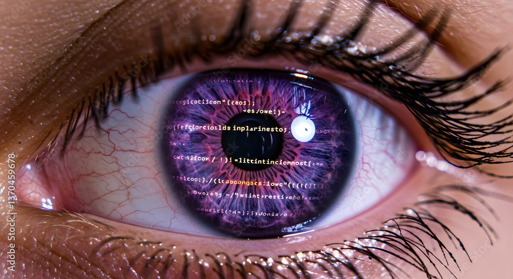 Aufkleber eye with code. woman with innovative system of future. hologram in eyeball for business presentation