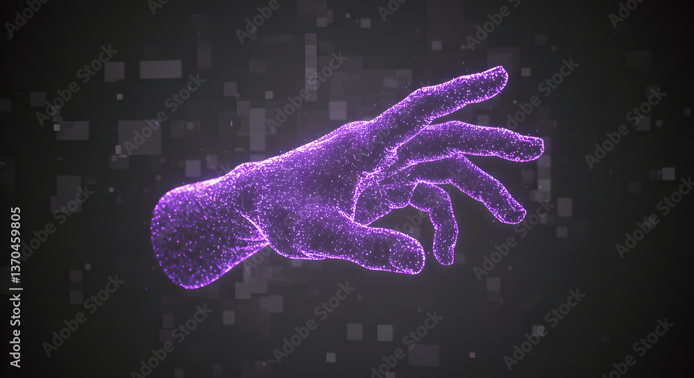 Poster abstract holographic hand is reaching out with network data visualization on dark background. techno