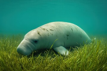 Naklejka premium Manatee grazing on seagrass in a crystal-clear coastal habitat during a sunny afternoon