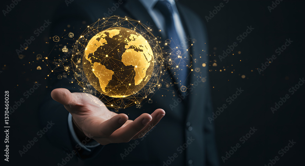 Poster man holding futuristic golden globe with connections, representing global business network structure
