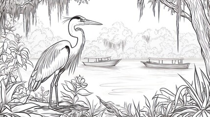 Fototapeta premium Heron watching boats on swampy river. Line art illustration. Possible use coloring book page