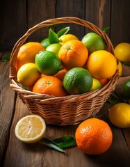 A basket of ripe citrus fruits, including oranges, lemons, and limes, on a rustic wooden tab
