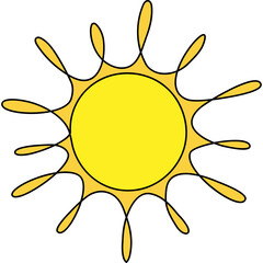 Sun continuous line art drawn. Summer yellow sun line shape. Vector illustration isolated on white.	