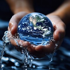 A photo of the Earth held within hands, with water flowing from them, symbolizing the refreshing and life-giving liquid that envelops our planet in its embrace