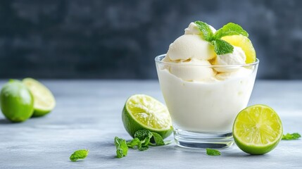 Creamy lime ice cream in a glass bowl, garnished with fresh mint leaves and lime slices