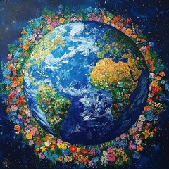 A vibrant acrylic painting of the Earth, with its blue and green surface contrasting against the deep expanse of space. The planet is surrounded by flowers that represent different biomes,