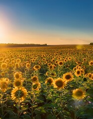 Fototapeta premium A vast field of sunflowers swaying under a clear blue sky, illuminated by golden sunlight