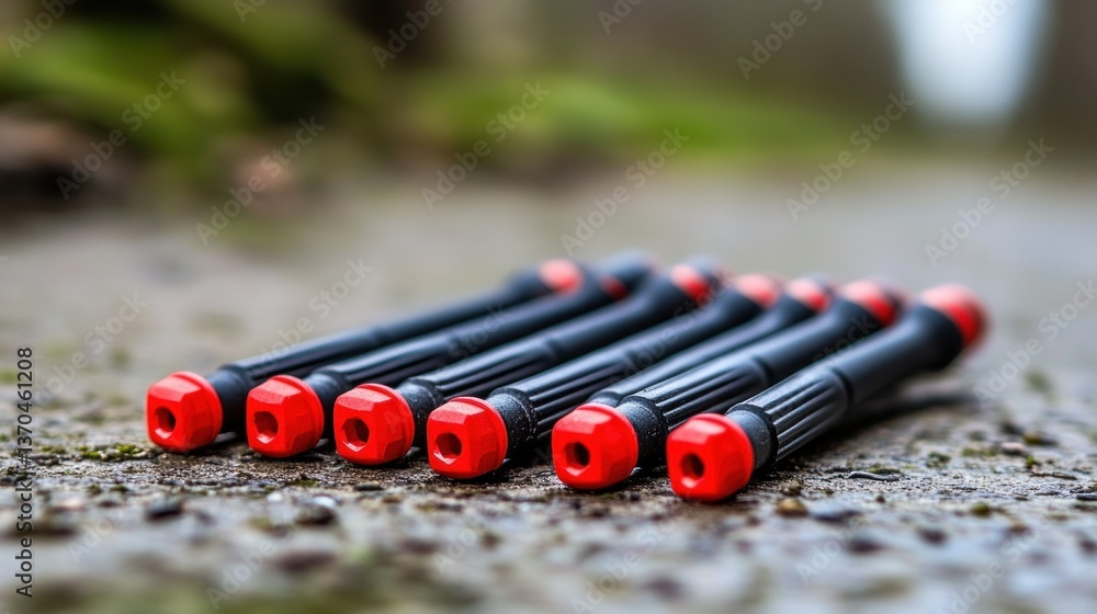 Poster several small tools with red ends are arranged on a surface