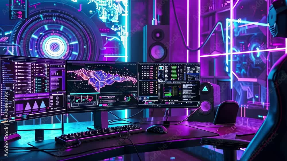 Poster a high-tech workspace showcases dual monitors displaying complex data and graphs, surrounded by capt