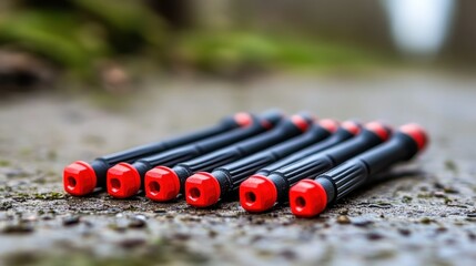 Several small tools with red ends are arranged on a surface