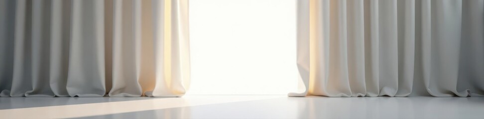 Bright white curtains illuminated from behind, empty room, simple, backlight