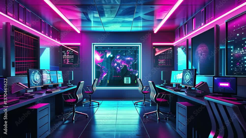 Poster the interior of a high-tech computer lab is illuminated by neon lights, featuring multiple workstati