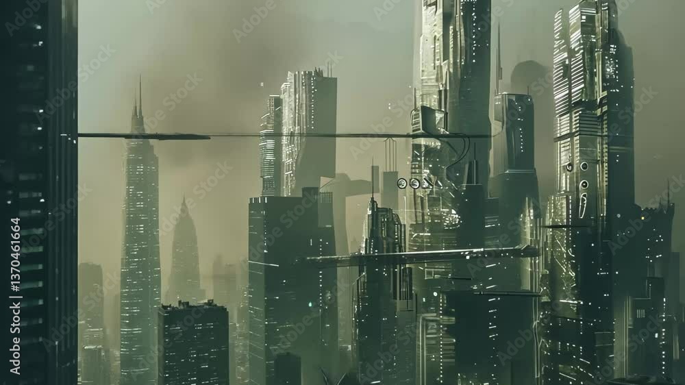 Poster a futuristic city features towering skyscrapers enveloped in fog, creating an eerie atmosphere. hove