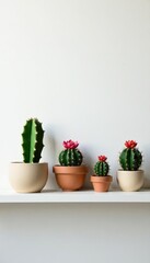 Colorful succulent and cactus collection on a white shelf against a textured wall , modern decor, plants