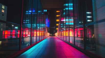 Illuminated urban architecture creates a vibrant scene at night time