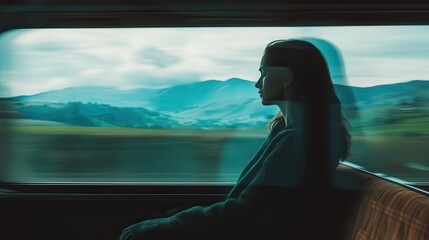 Journey of Contemplation: A pensive woman, framed against the scenic backdrop of rolling mountains and fields, gazes out of a train window. Capturing a moment of introspection during a rail journey.