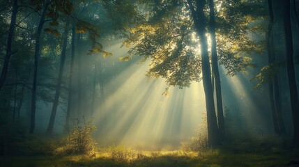 Fototapeta premium Enchanted forest with diffused light rays, gentle fog rolling between trees, hidden mystery and wonder