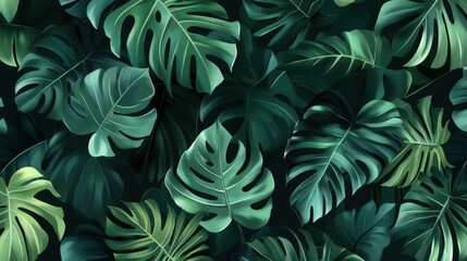 Lush jungle-inspired seamless pattern with overlapping green tropical leaves and vines