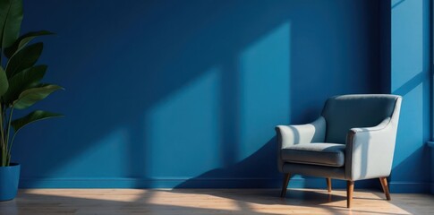 Elegant armchair against deep blue backdrop Sophisticated home setting , blue, modern, elegant
