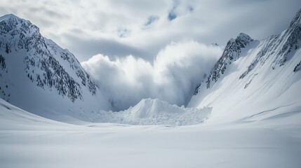 Obraz premium A massive avalanche cascades down the heart of the mountain range, white snow roaring beneath a moody, cloud-filled sky.