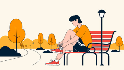 Focused young athlete tying shoelaces in urban park, personal dedication