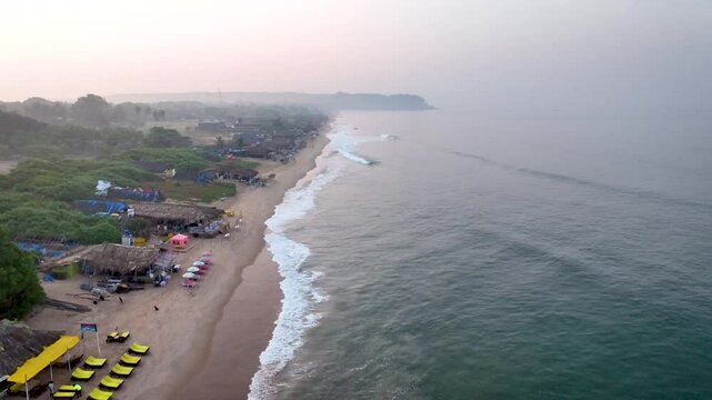 Aerial Drone Footage of North Goa Beach Coastline, Shacks, and Sunset in Baga, Anjuna, Vagator

