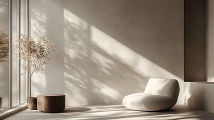 Fototapeta premium Minimal modern interior with gentle window light casting shadows, soft textures, peaceful and aesthetic shot