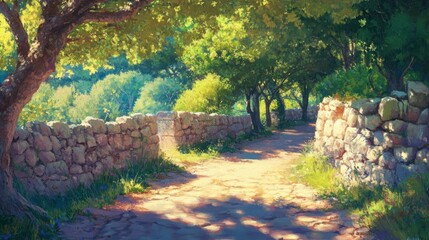A sunlit stone path winds between trees and old walls