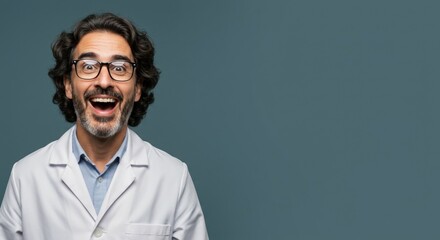 Fototapeta premium Excited Scientist in White Lab Coat Expressing Joy and Enthusiasm in a Studio Portrait, Ideal for Science Blogs and Educational Materials