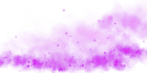 Magic purple smoke with glitter and small particles of twinkling stars. Fog with luminous particles. Purple vapor with stardust. Morning fog over land or water surface, magic haze. Fog or smoke. PNG.