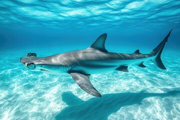 Fototapeta premium Hammerhead shark swims gracefully in crystal-clear ocean waters near coral reefs during a sunny day